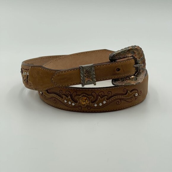 Vintage Justin Western Belt Leather 34 Brown Mexico Silver 2-Tone Buckle Studs